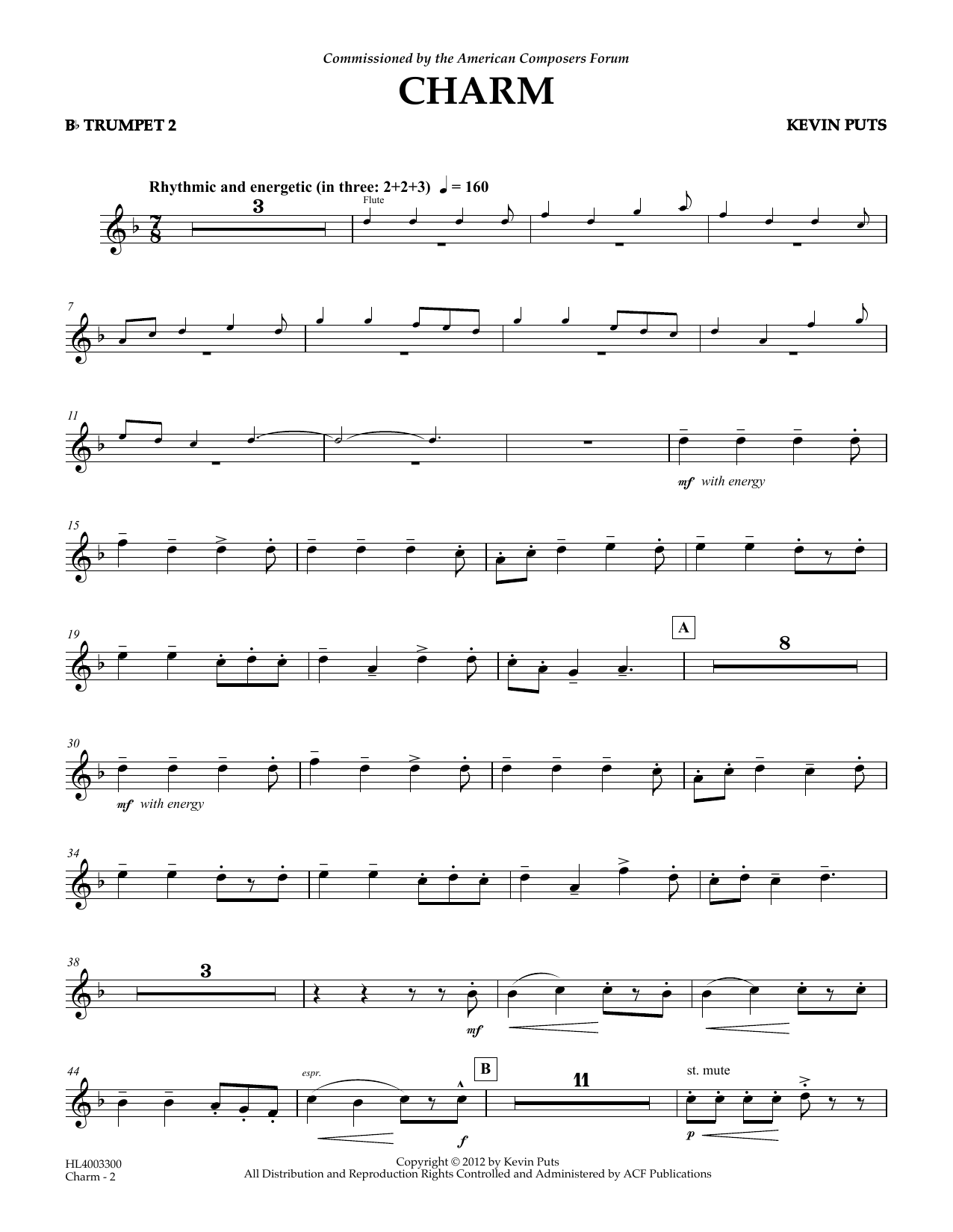 Kevin Puts Charm - Bb Trumpet 2 sheet music notes and chords arranged for Concert Band