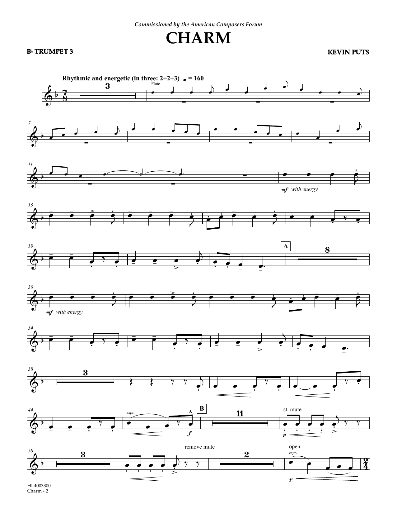 Kevin Puts Charm - Bb Trumpet 3 sheet music notes and chords arranged for Concert Band