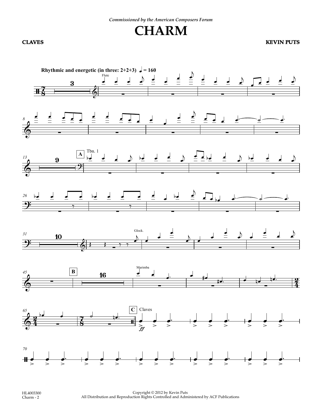 Kevin Puts Charm - Claves sheet music notes and chords arranged for Concert Band