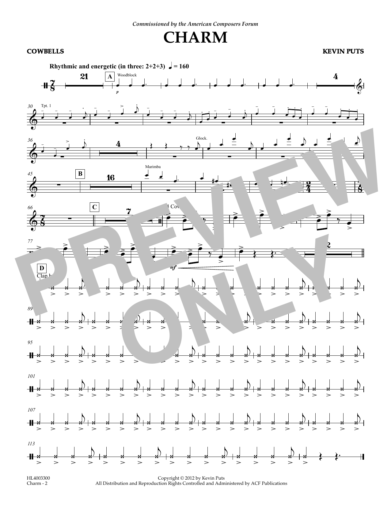 Kevin Puts Charm - Cowbell sheet music notes and chords arranged for Concert Band
