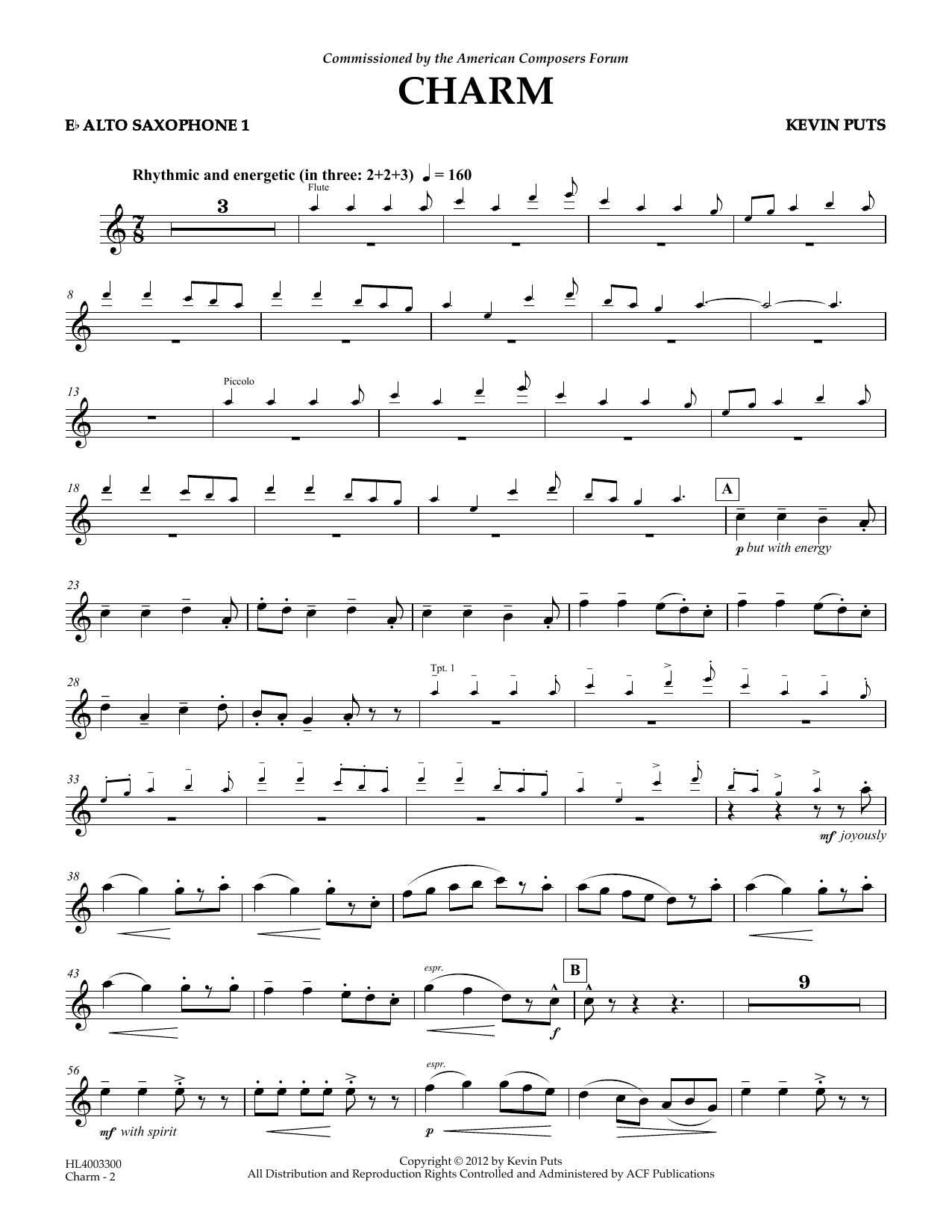 Kevin Puts Charm - Eb Alto Saxophone 1 sheet music notes and chords arranged for Concert Band
