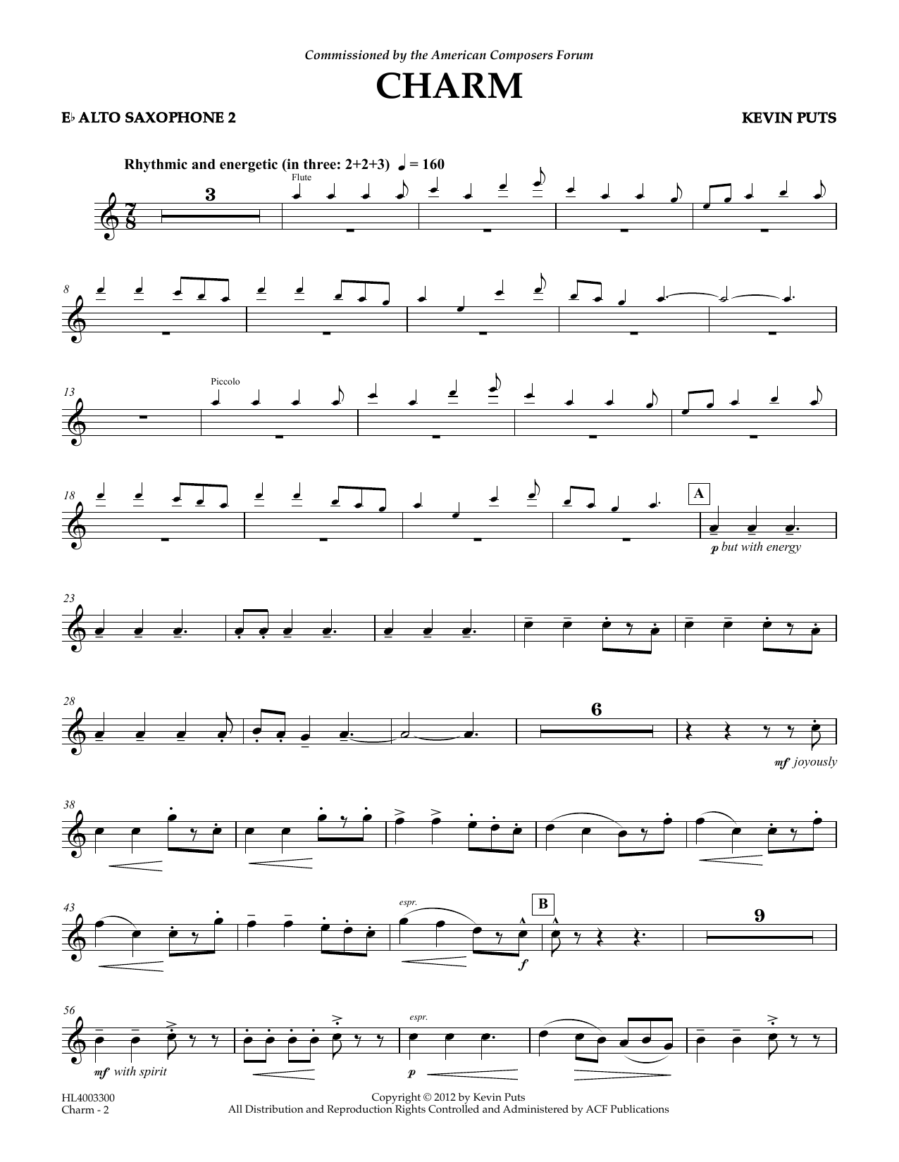 Kevin Puts Charm - Eb Alto Saxophone 2 sheet music notes and chords arranged for Concert Band