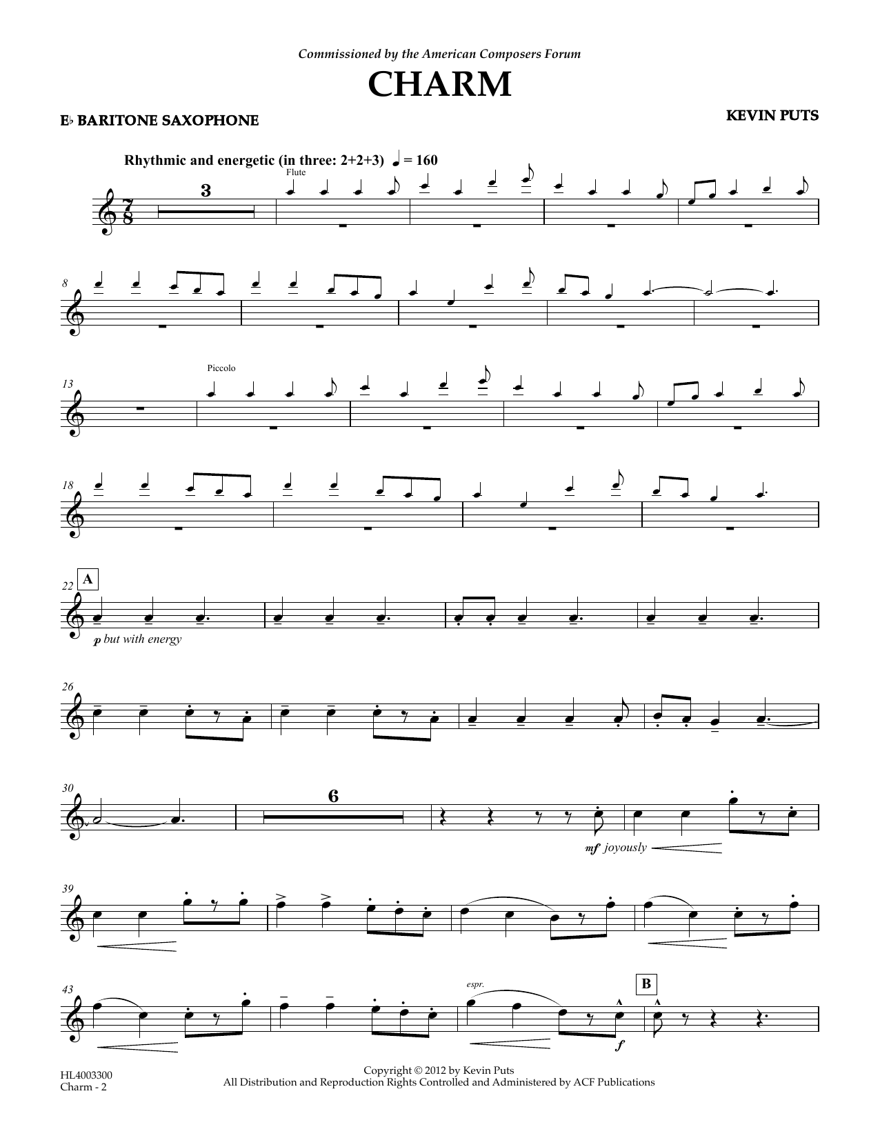Kevin Puts Charm - Eb Baritone Saxophone sheet music notes and chords arranged for Concert Band