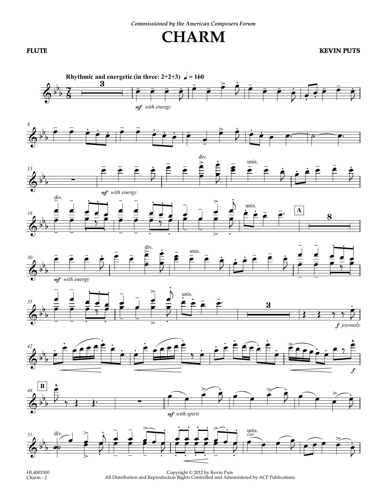 Kevin Puts Charm - Flute sheet music notes and chords arranged for Concert Band