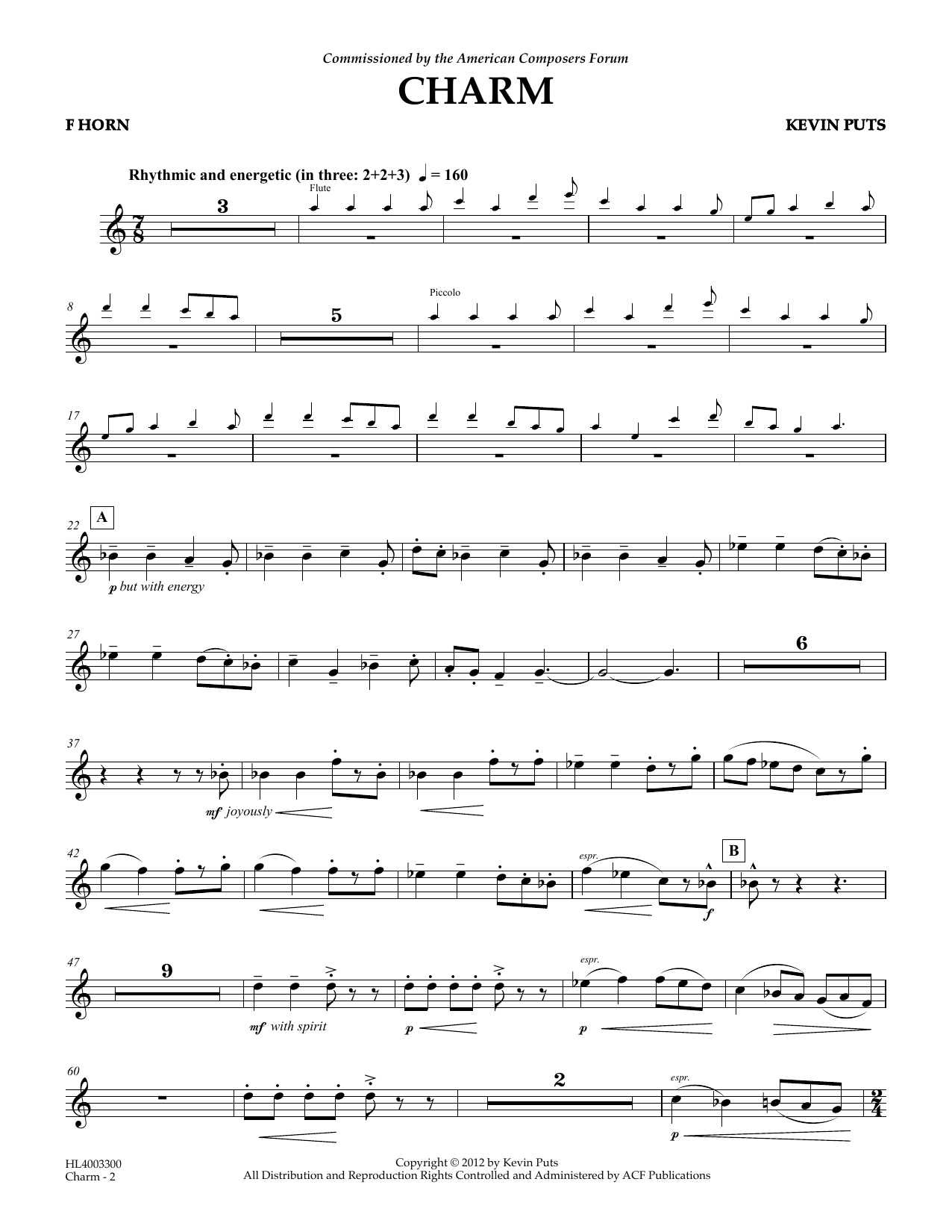 Kevin Puts Charm - FRENCH HORN sheet music notes and chords arranged for Concert Band