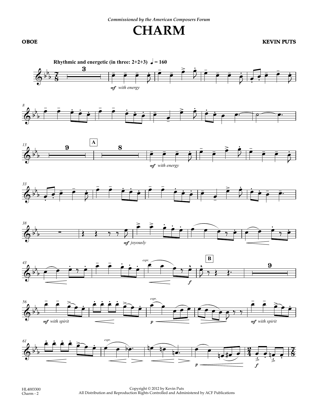 Kevin Puts Charm - Oboe sheet music notes and chords arranged for Concert Band