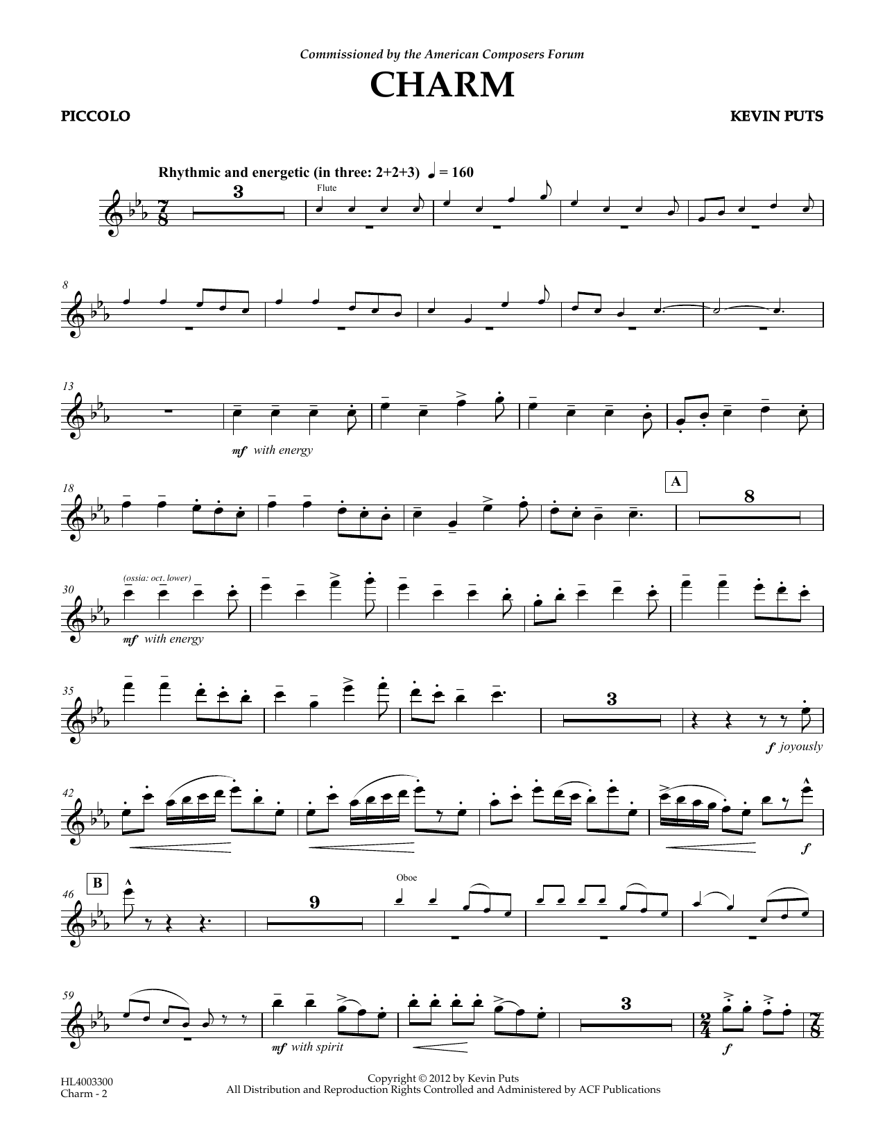 Kevin Puts Charm - Piccolo sheet music notes and chords arranged for Concert Band
