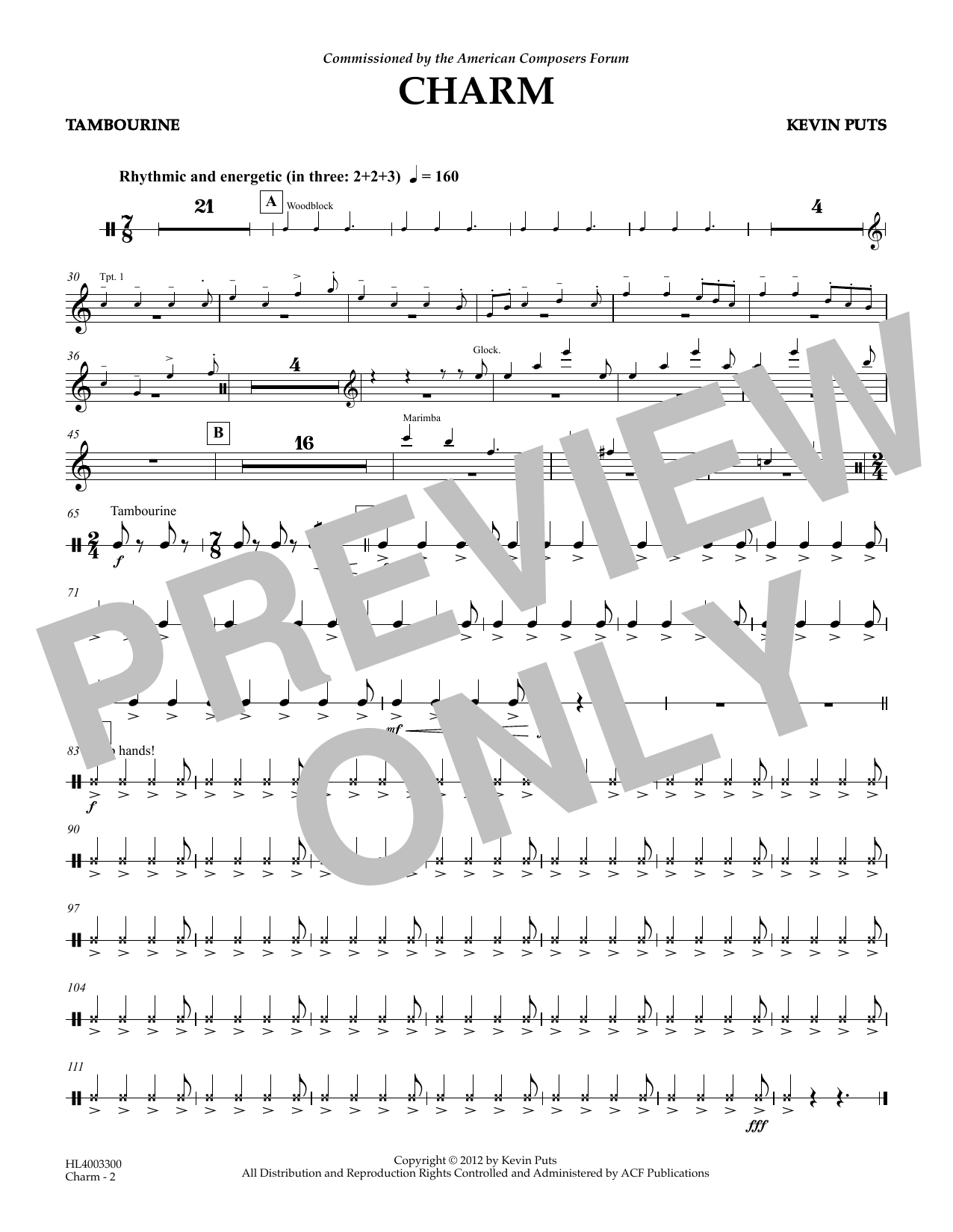 Kevin Puts Charm - Tambourine sheet music notes and chords arranged for Concert Band