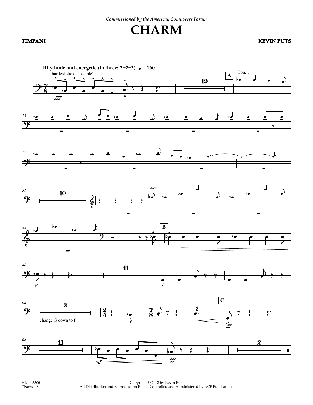 Kevin Puts Charm - Timpani sheet music notes and chords arranged for Concert Band