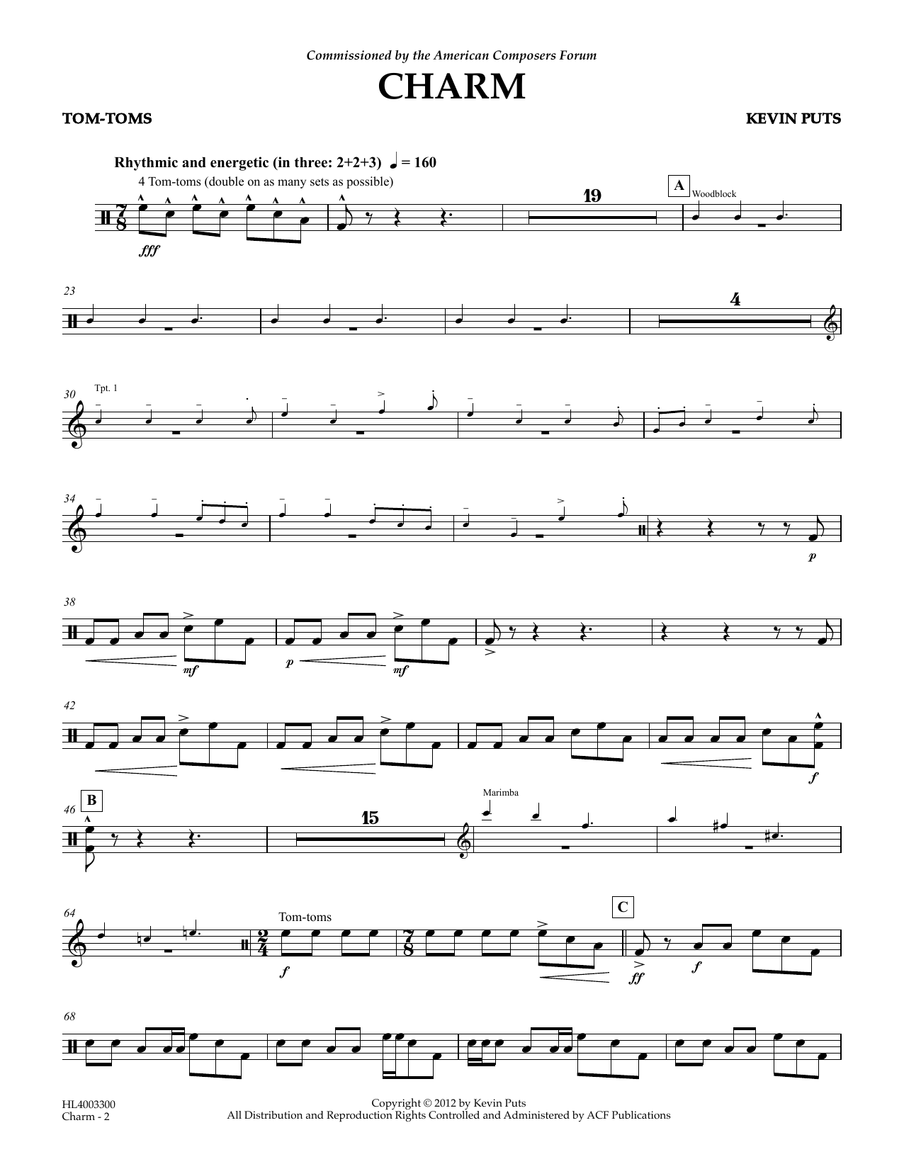 Kevin Puts Charm - Tom-Toms sheet music notes and chords arranged for Concert Band