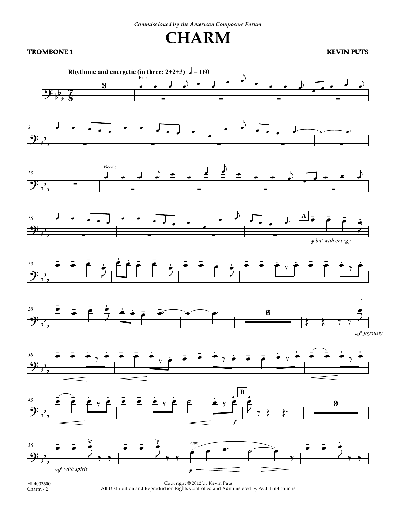 Kevin Puts Charm - Trombone 1 sheet music notes and chords arranged for Concert Band