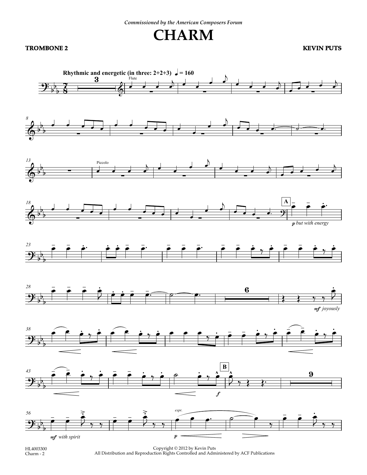 Kevin Puts Charm - Trombone 2 sheet music notes and chords arranged for Concert Band