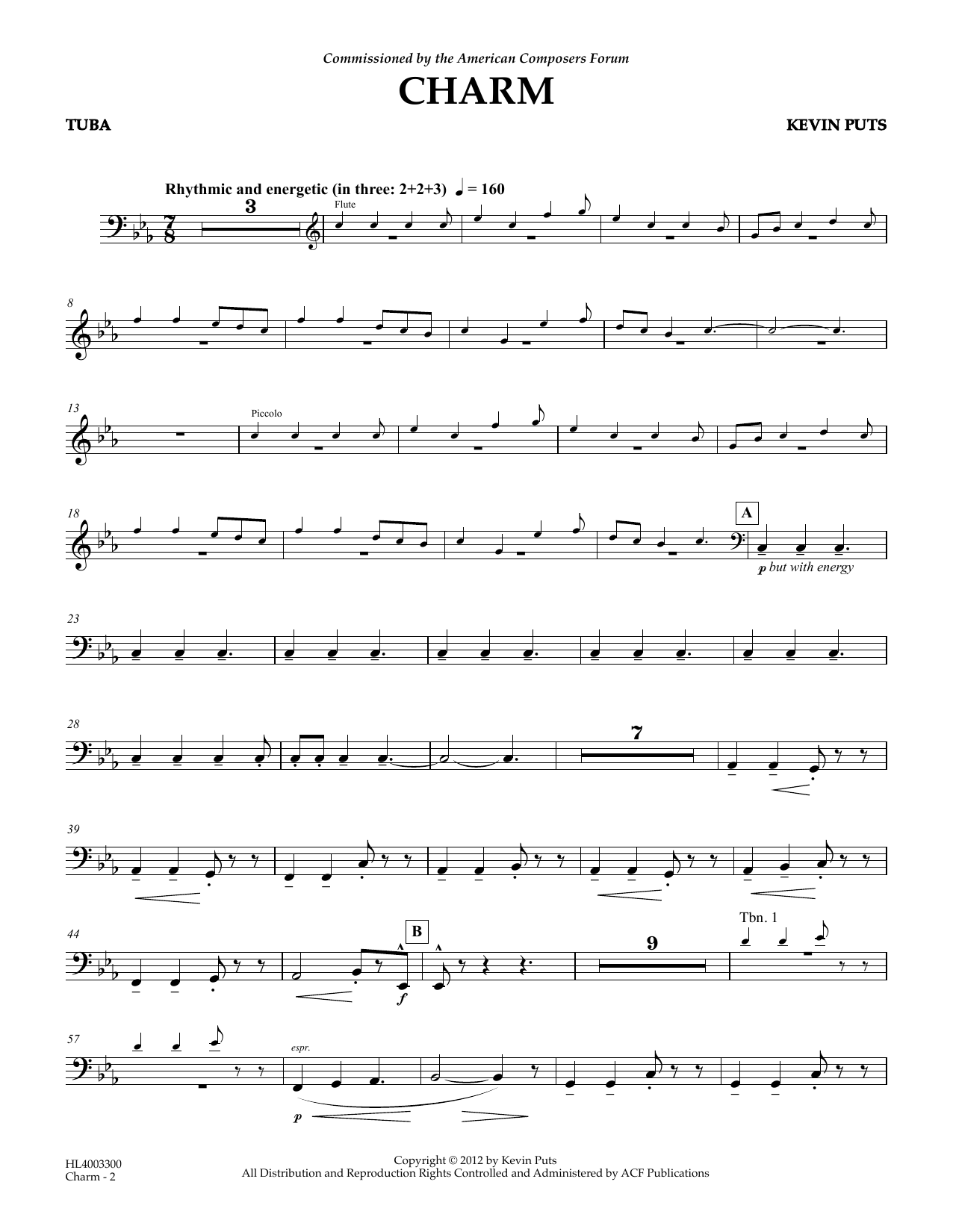 Kevin Puts Charm - Tuba sheet music notes and chords arranged for Concert Band