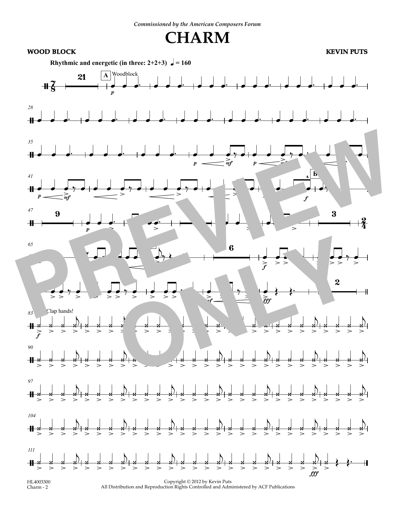 Kevin Puts Charm - Woodblock sheet music notes and chords arranged for Concert Band
