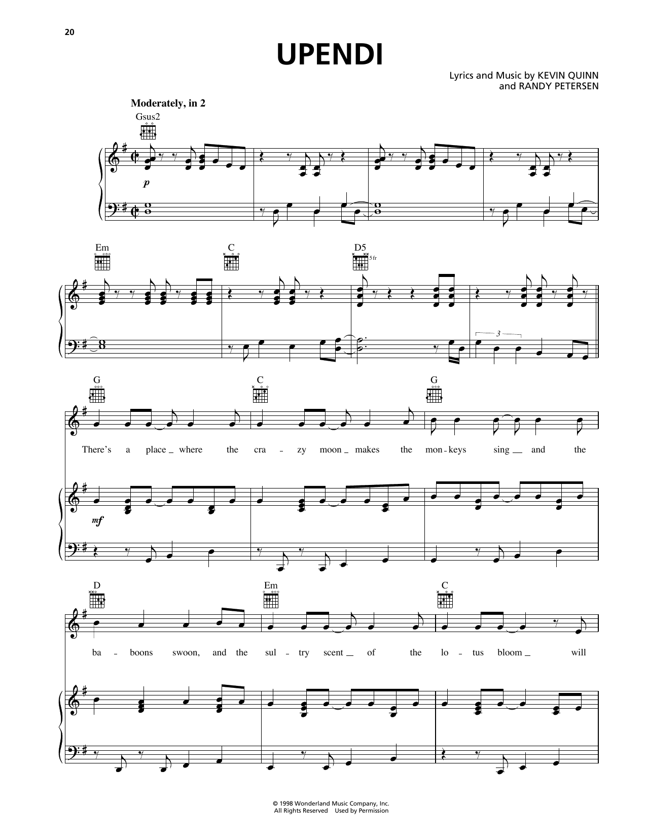 Kevin Quinn Upendi (from The Lion King II: Simba's Pride) sheet music notes and chords arranged for Piano, Vocal & Guitar Chords (Right-Hand Melody)