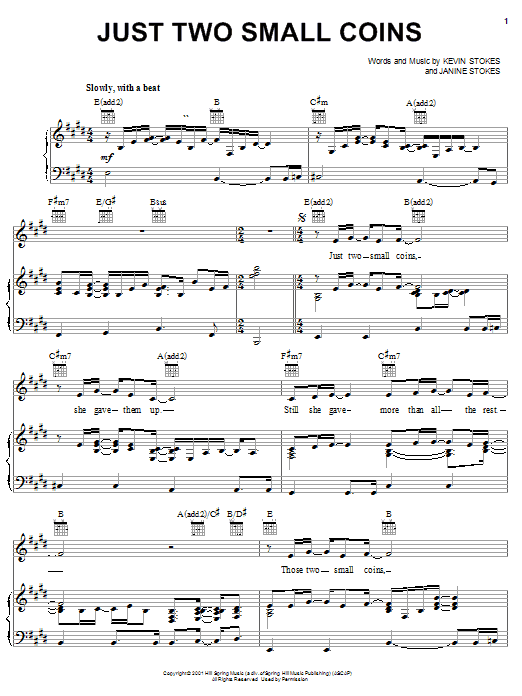 Kevin Stokes Just Two Small Coins sheet music notes and chords arranged for Piano, Vocal & Guitar Chords (Right-Hand Melody)