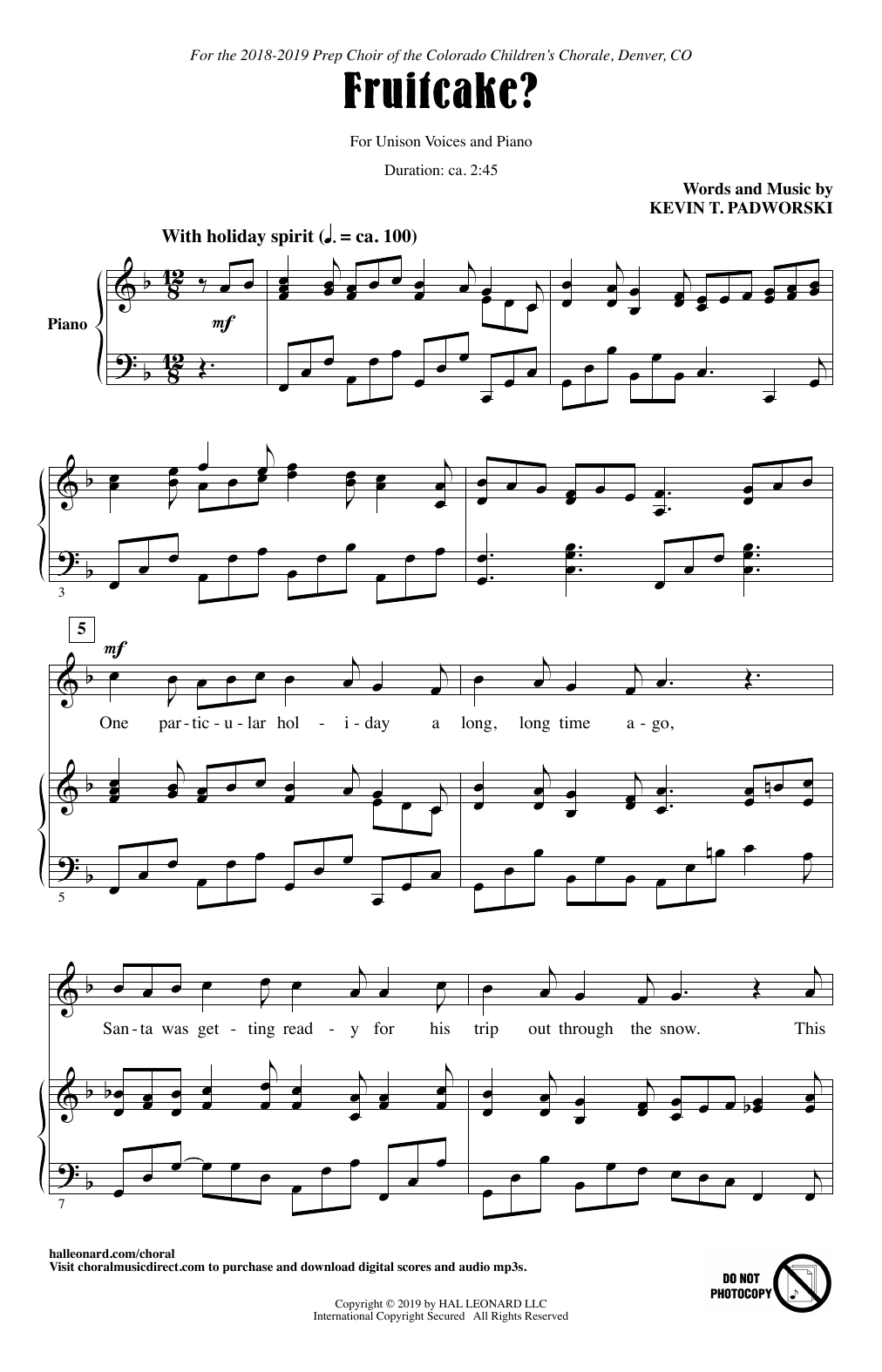 Kevin T. Padworski Fruitcake? sheet music notes and chords arranged for Unison Choir