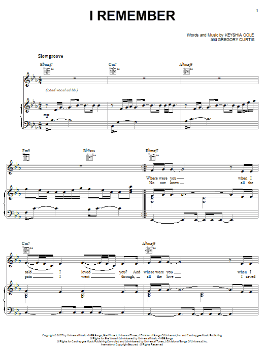 Keyshia Cole I Remember sheet music notes and chords arranged for Piano, Vocal & Guitar Chords (Right-Hand Melody)