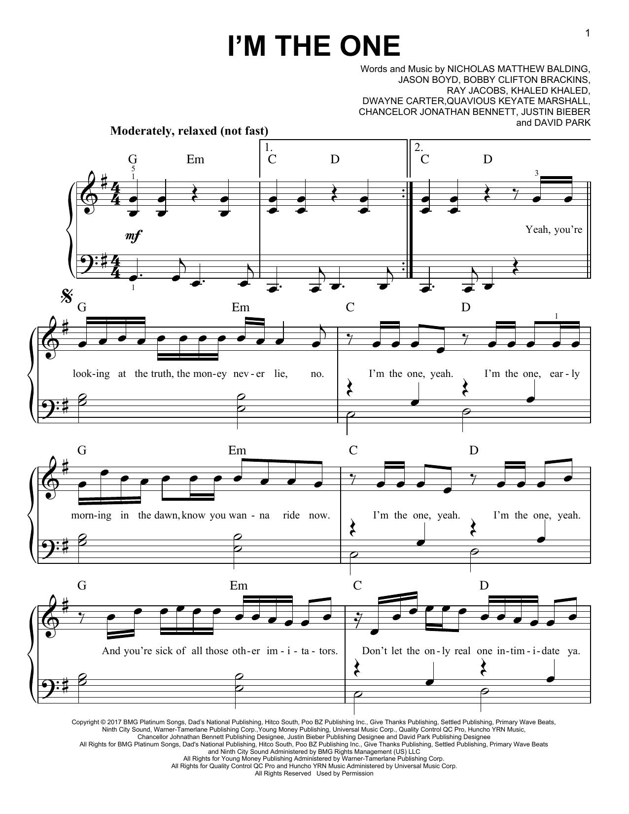 DJ Khaled I'm The One (feat. Justin Bieber, Quavo, Chance The Rapper & Lil Wayne) sheet music notes and chords arranged for Easy Piano
