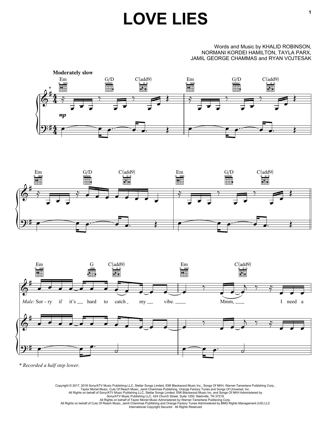 Khalid & Normani Love Lies (from Love, Simon) sheet music notes and chords arranged for Piano, Vocal & Guitar Chords (Right-Hand Melody)