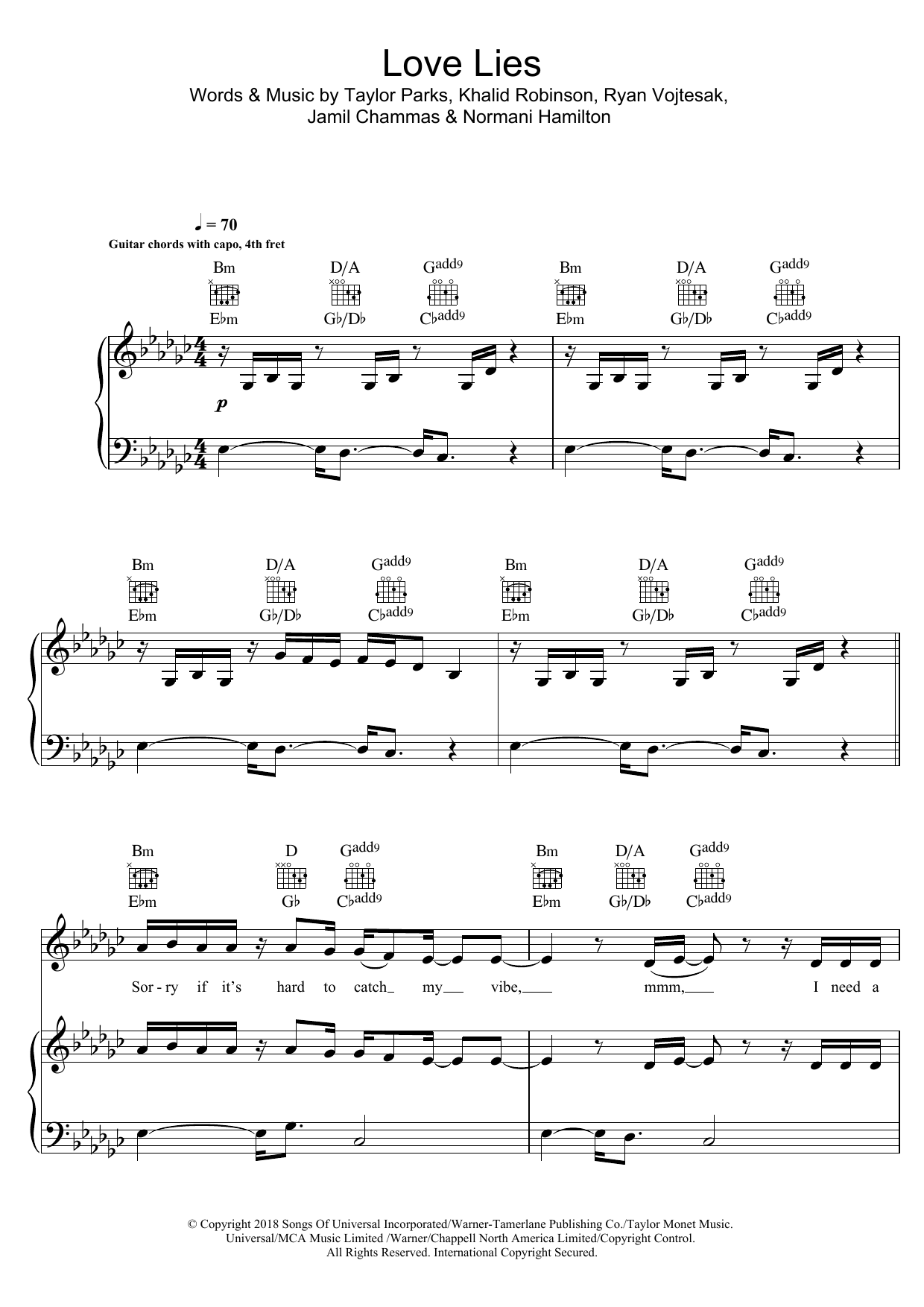 Khalid & Normani Love Lies sheet music notes and chords arranged for Piano, Vocal & Guitar Chords