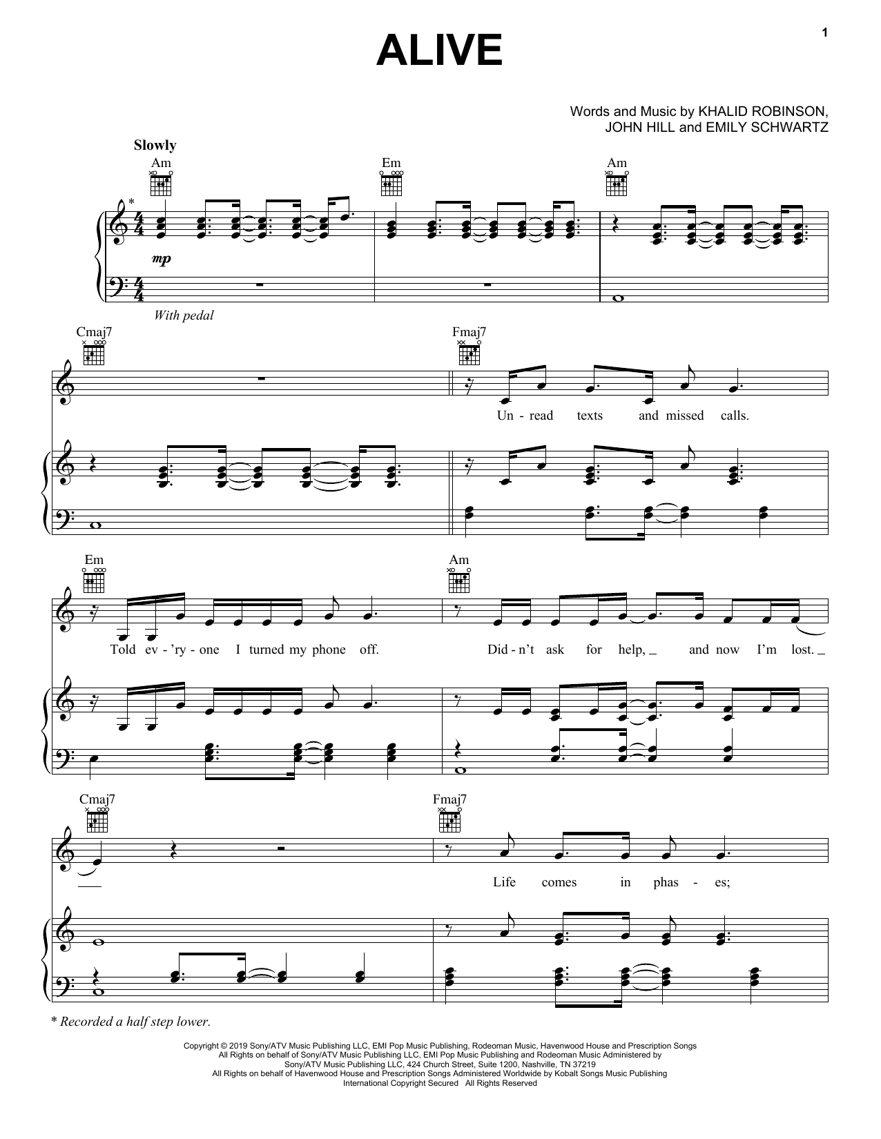 Khalid Alive sheet music notes and chords arranged for Piano, Vocal & Guitar Chords (Right-Hand Melody)