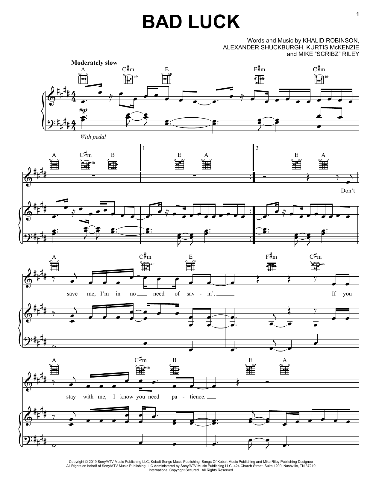 Khalid Bad Luck sheet music notes and chords arranged for Piano, Vocal & Guitar Chords (Right-Hand Melody)