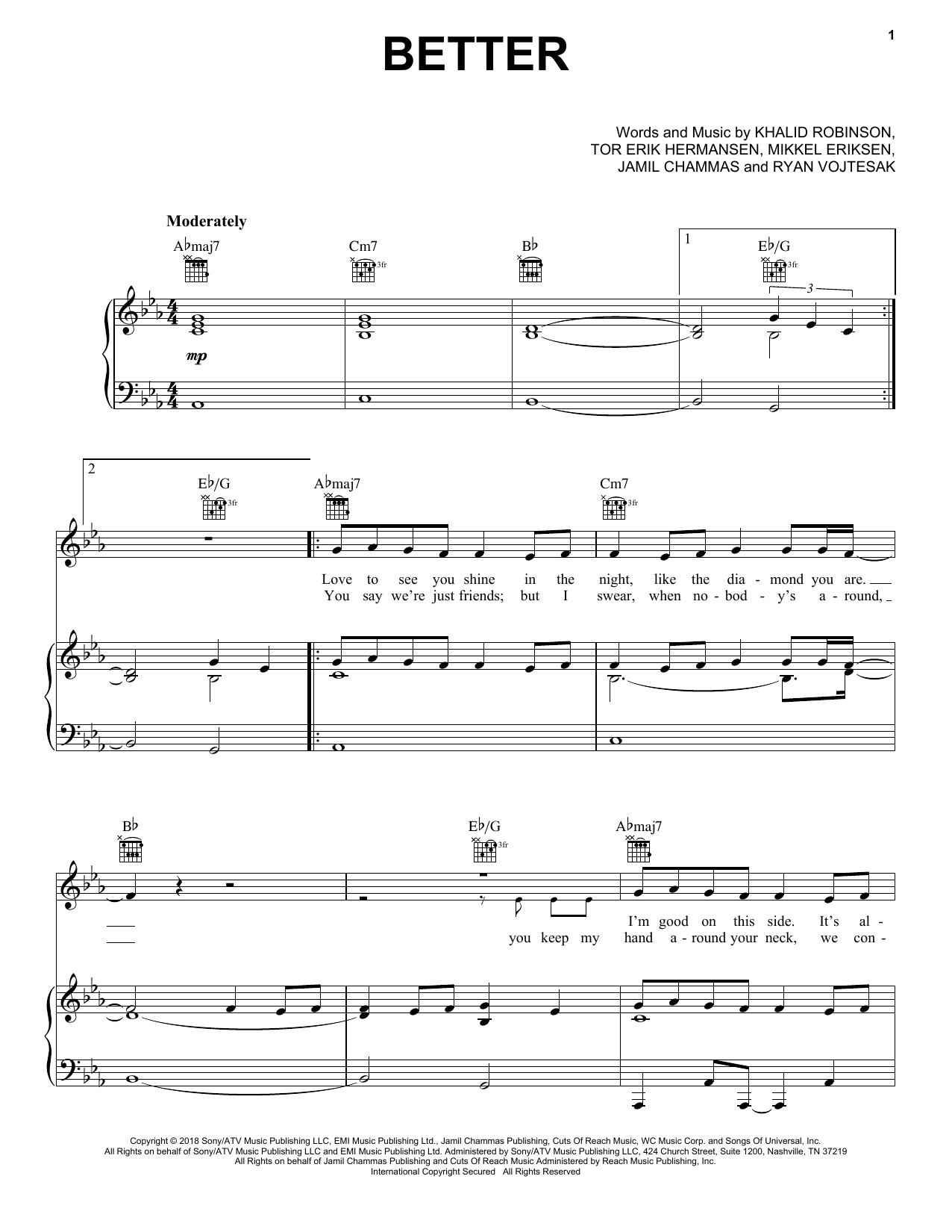 Khalid Better sheet music notes and chords arranged for Piano, Vocal & Guitar Chords (Right-Hand Melody)