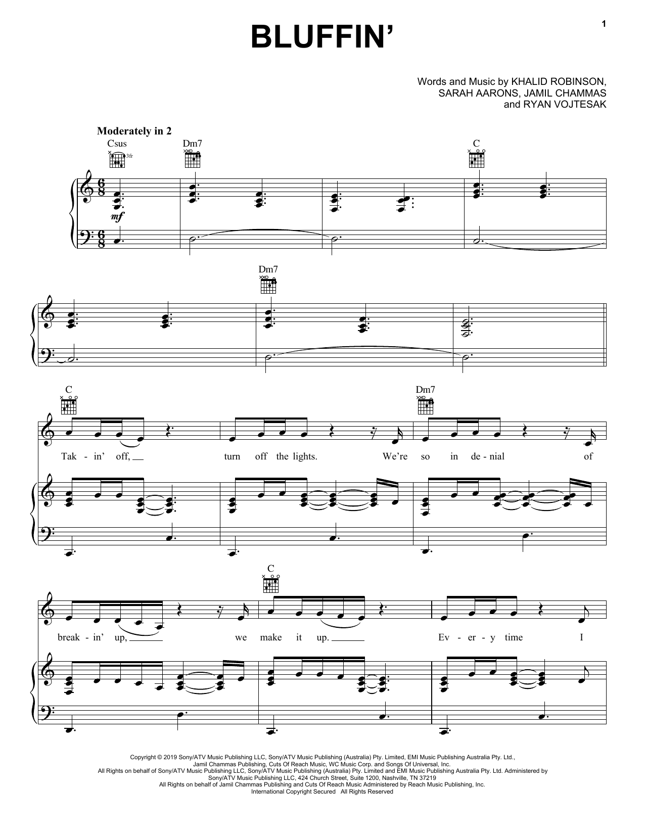 Khalid Bluffin' sheet music notes and chords arranged for Piano, Vocal & Guitar Chords (Right-Hand Melody)