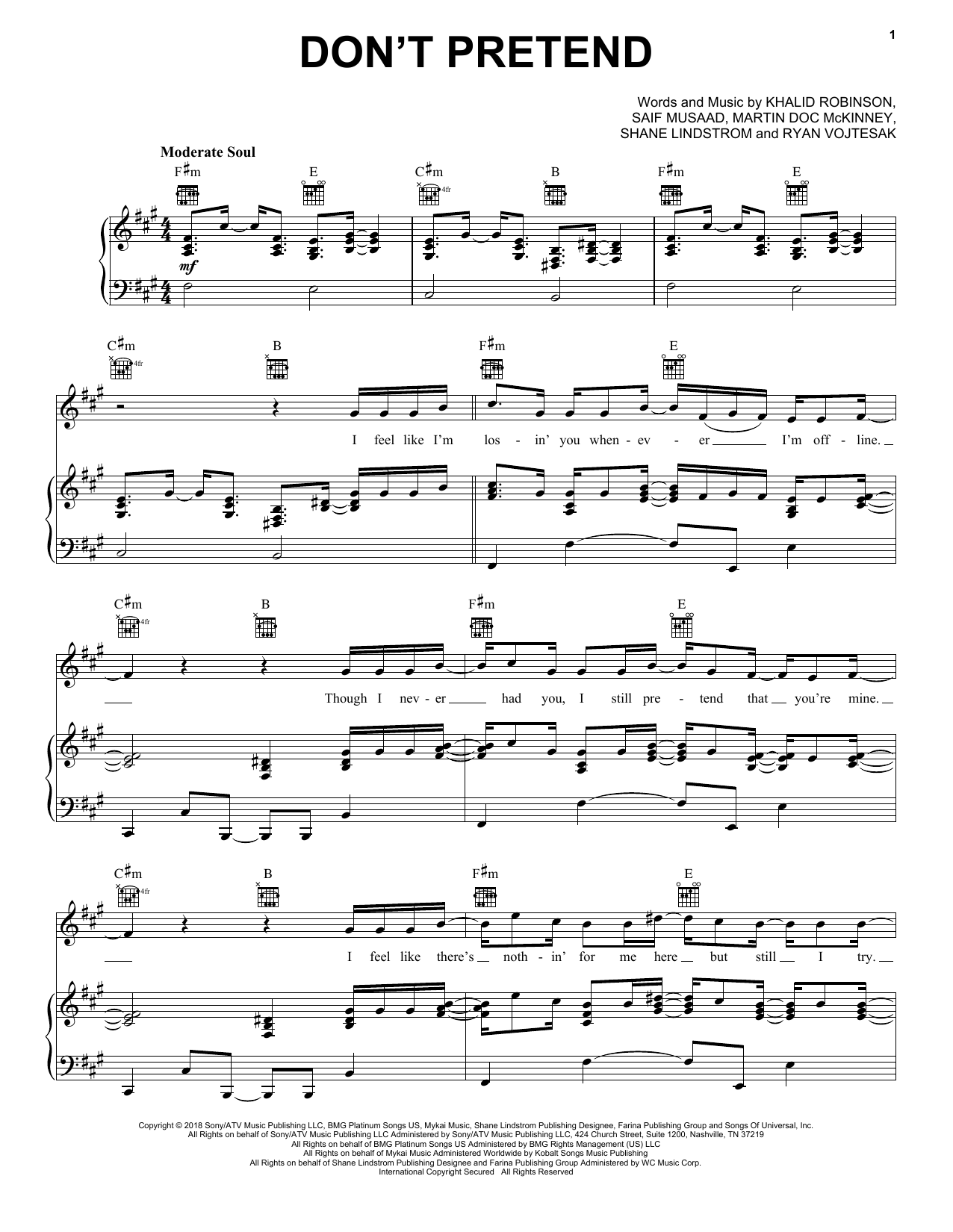 Khalid Don't Pretend (feat. SAFE) sheet music notes and chords arranged for Piano, Vocal & Guitar Chords (Right-Hand Melody)
