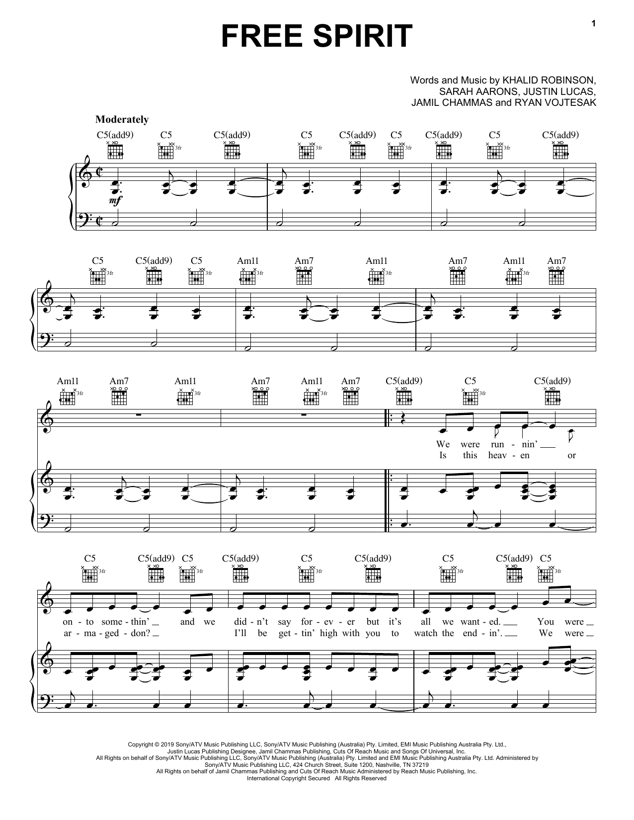 Khalid Free Spirit sheet music notes and chords arranged for Piano, Vocal & Guitar Chords (Right-Hand Melody)