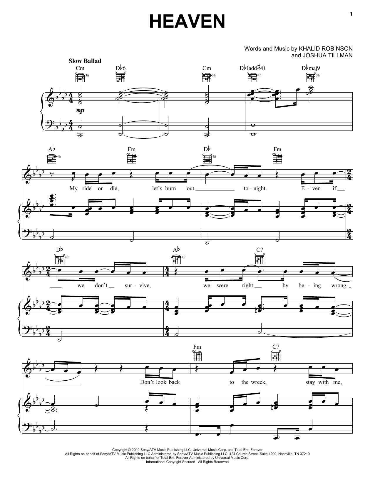Khalid Heaven sheet music notes and chords arranged for Piano, Vocal & Guitar Chords (Right-Hand Melody)