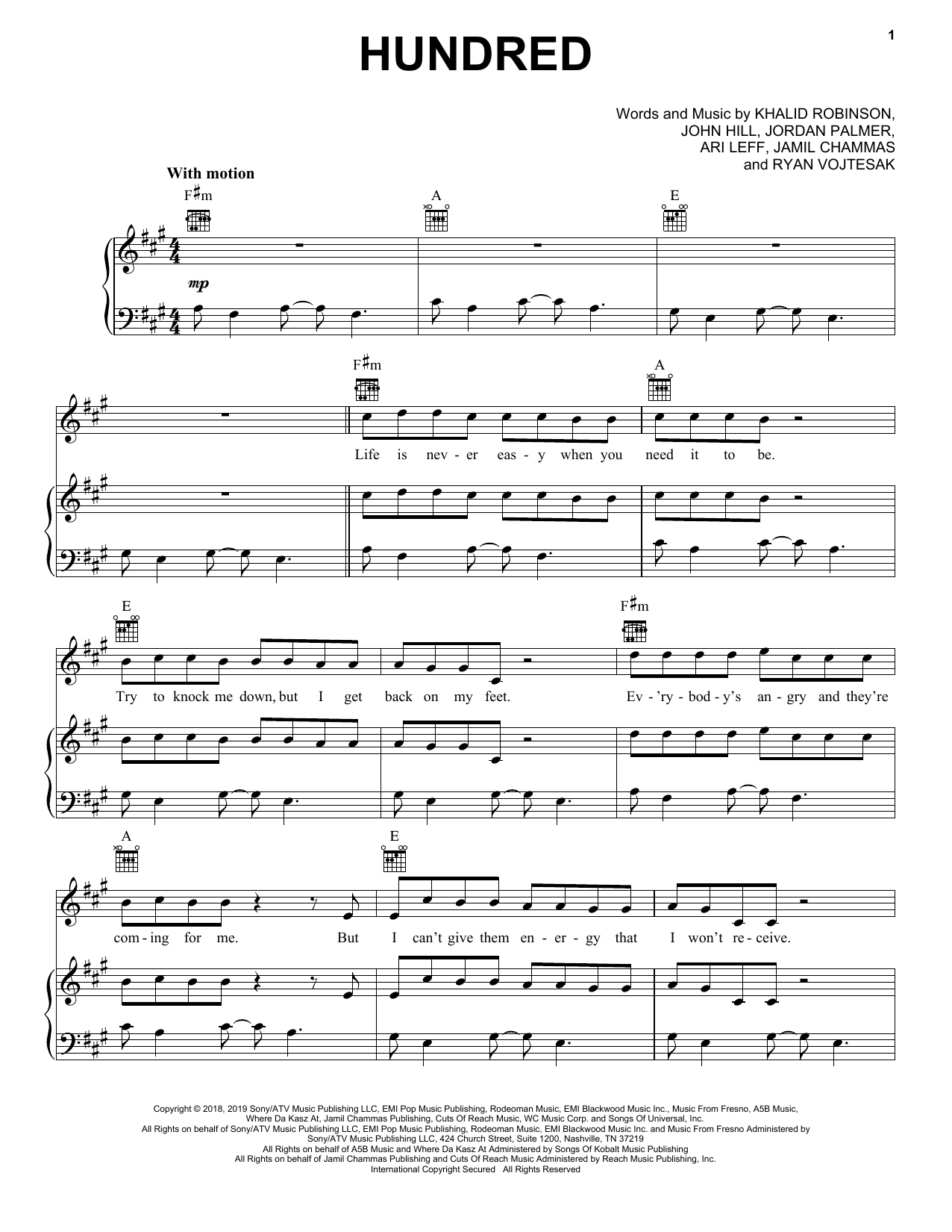 Khalid Hundred sheet music notes and chords arranged for Piano, Vocal & Guitar Chords (Right-Hand Melody)