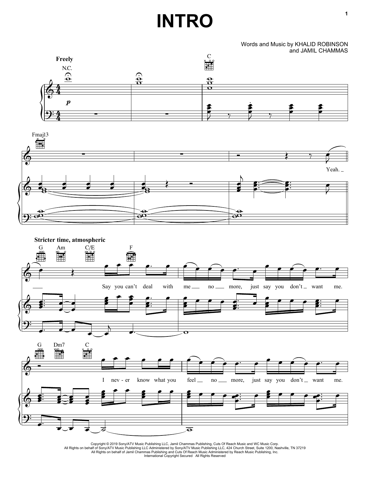 Khalid Intro sheet music notes and chords arranged for Piano, Vocal & Guitar Chords (Right-Hand Melody)