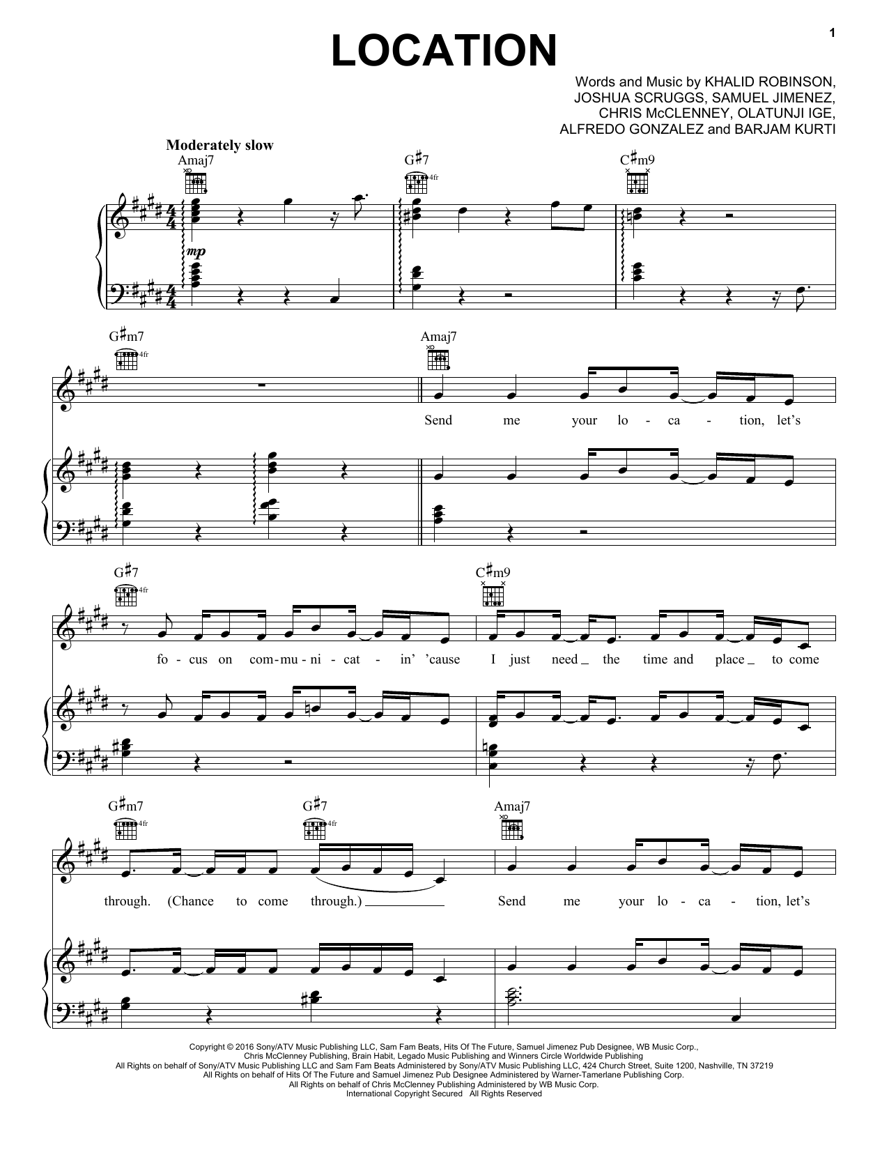 Khalid Location sheet music notes and chords arranged for Big Note Piano