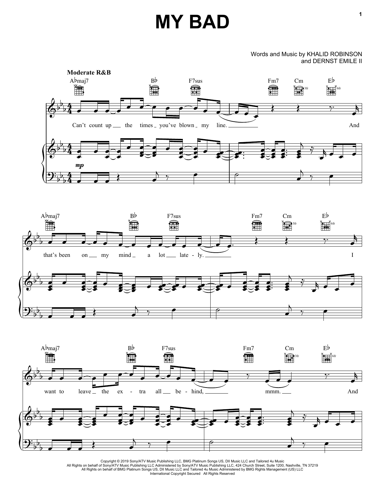 Khalid My Bad sheet music notes and chords arranged for Piano, Vocal & Guitar Chords (Right-Hand Melody)