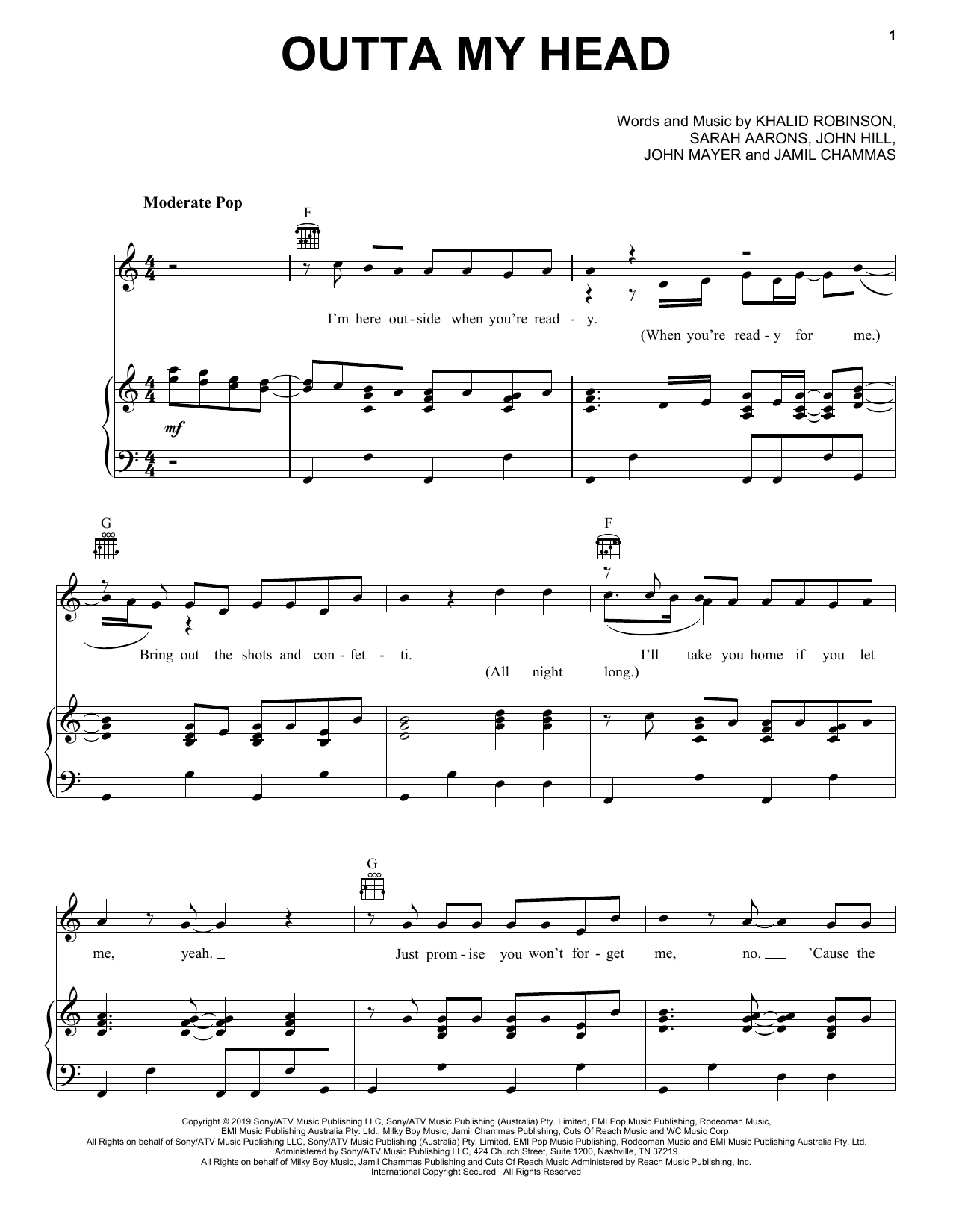 Khalid Outta My Head (feat. John Mayer) sheet music notes and chords arranged for Piano, Vocal & Guitar Chords (Right-Hand Melody)