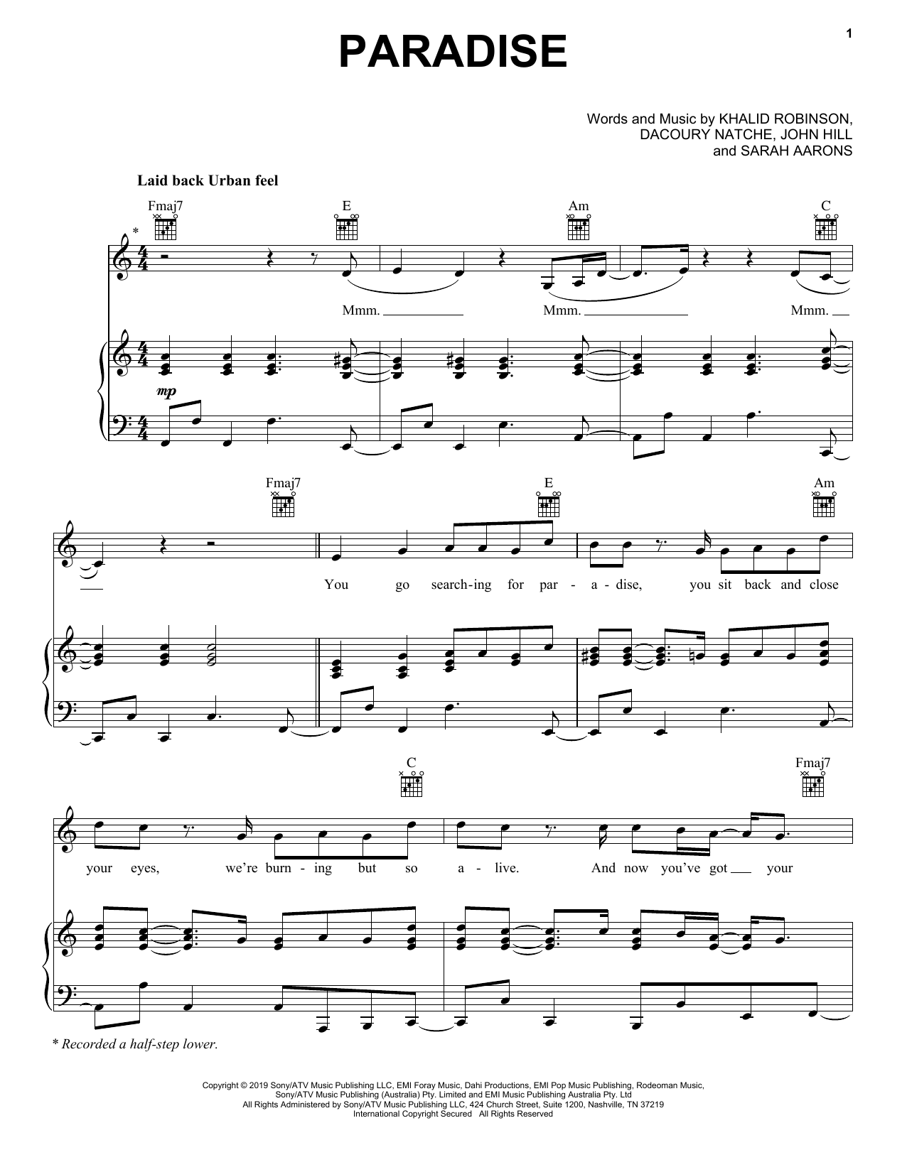 Khalid Paradise sheet music notes and chords arranged for Piano, Vocal & Guitar Chords (Right-Hand Melody)