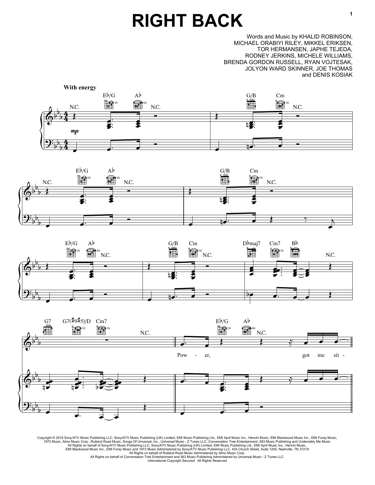 Khalid Right Back sheet music notes and chords arranged for Piano, Vocal & Guitar Chords (Right-Hand Melody)