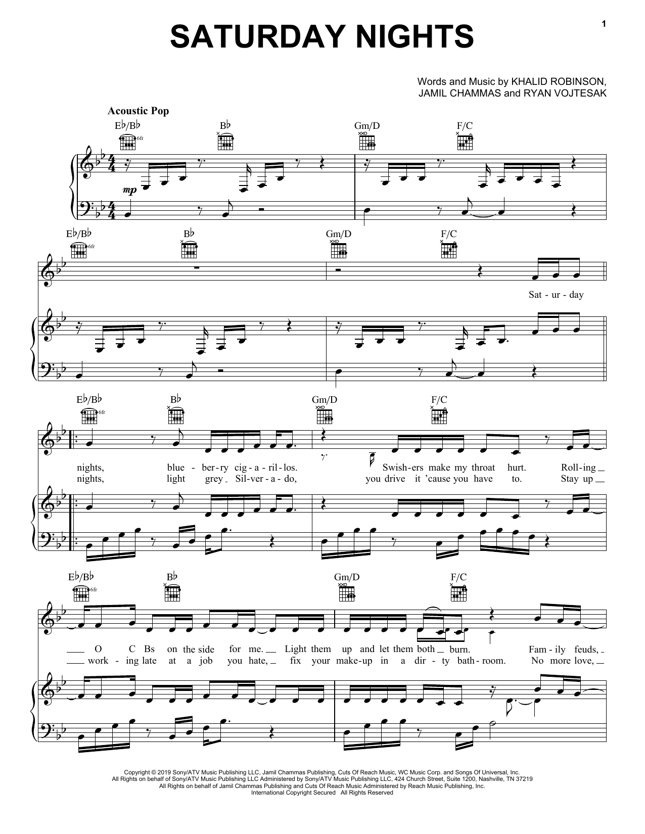 Khalid Saturday Nights sheet music notes and chords arranged for Piano, Vocal & Guitar Chords (Right-Hand Melody)