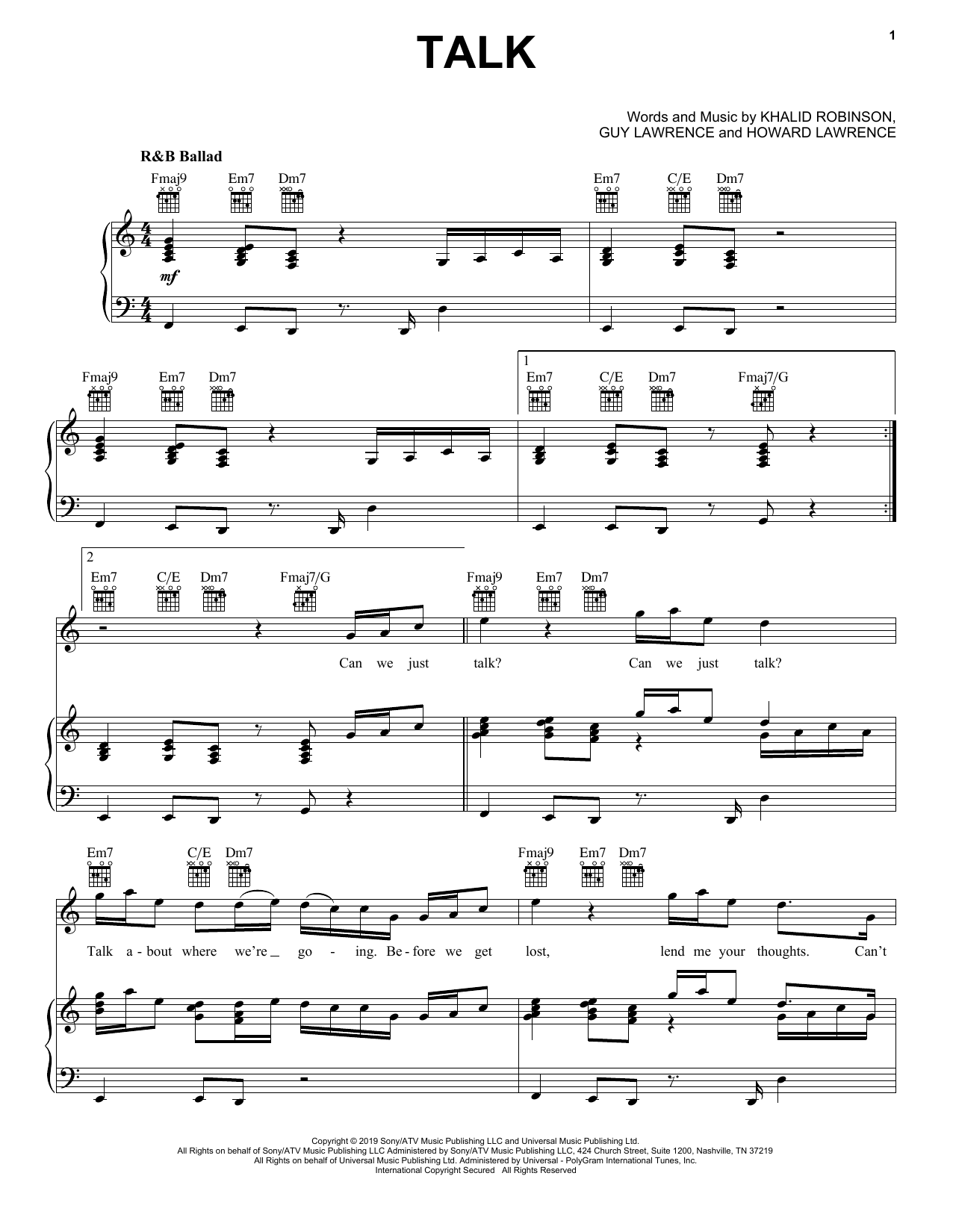 Khalid Talk sheet music notes and chords arranged for Big Note Piano