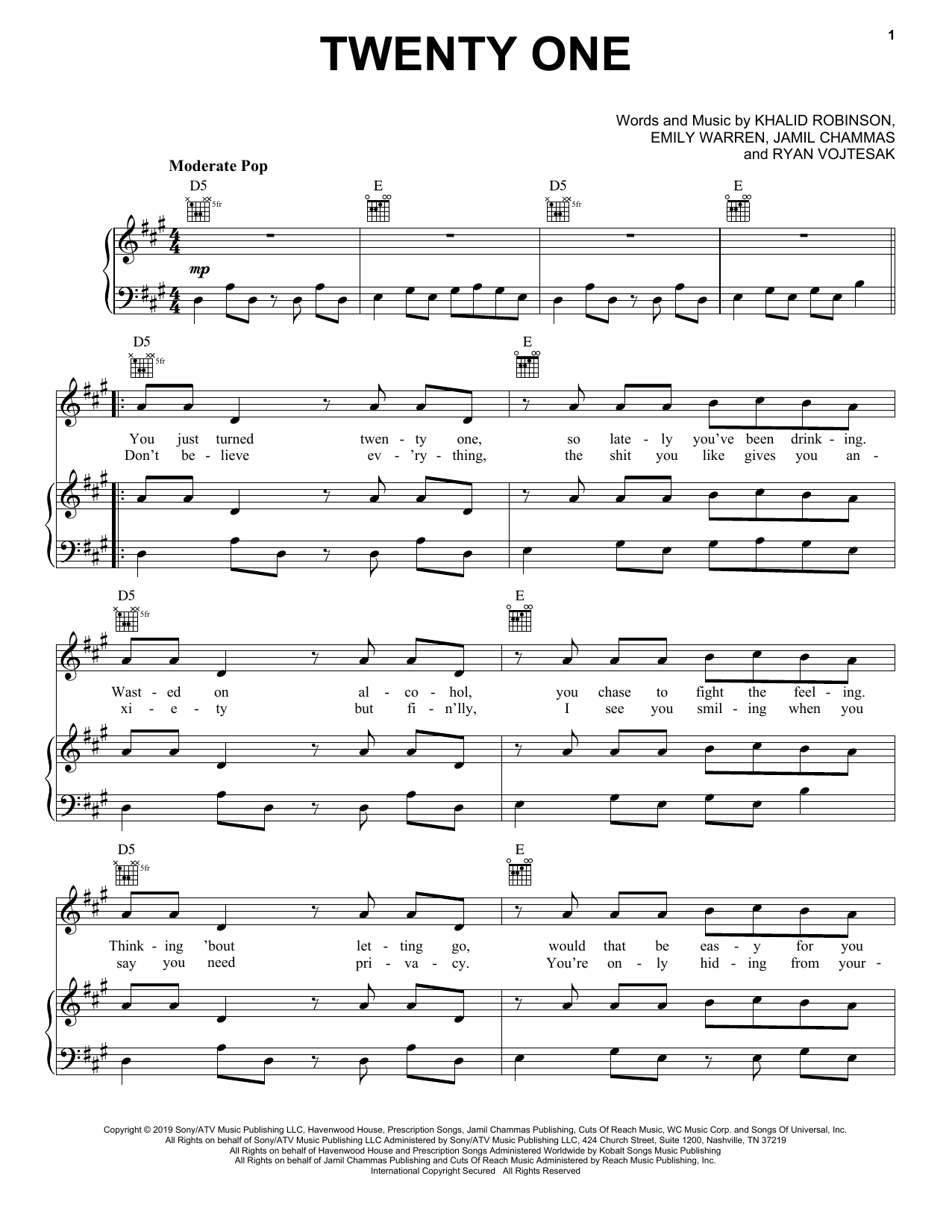 Khalid Twenty One sheet music notes and chords arranged for Piano, Vocal & Guitar Chords (Right-Hand Melody)