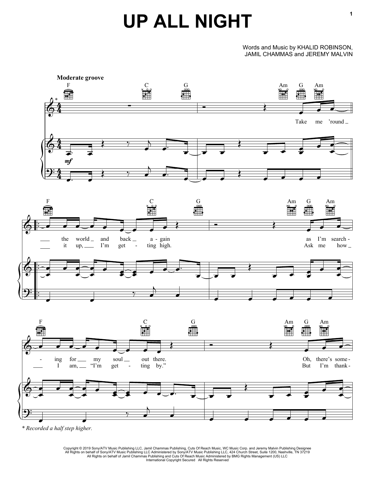 Khalid Up All Night sheet music notes and chords arranged for Piano, Vocal & Guitar Chords (Right-Hand Melody)