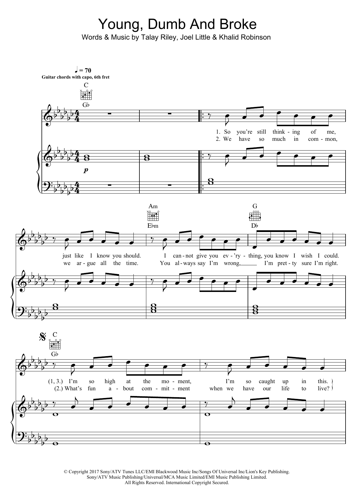 Khalid Young, Dumb And Broke sheet music notes and chords arranged for Piano, Vocal & Guitar Chords (Right-Hand Melody)