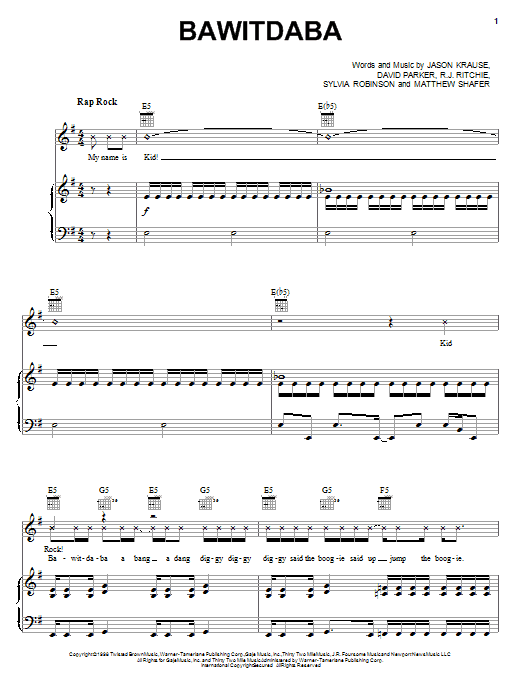 Kid Rock Bawitdaba sheet music notes and chords arranged for Piano, Vocal & Guitar Chords (Right-Hand Melody)