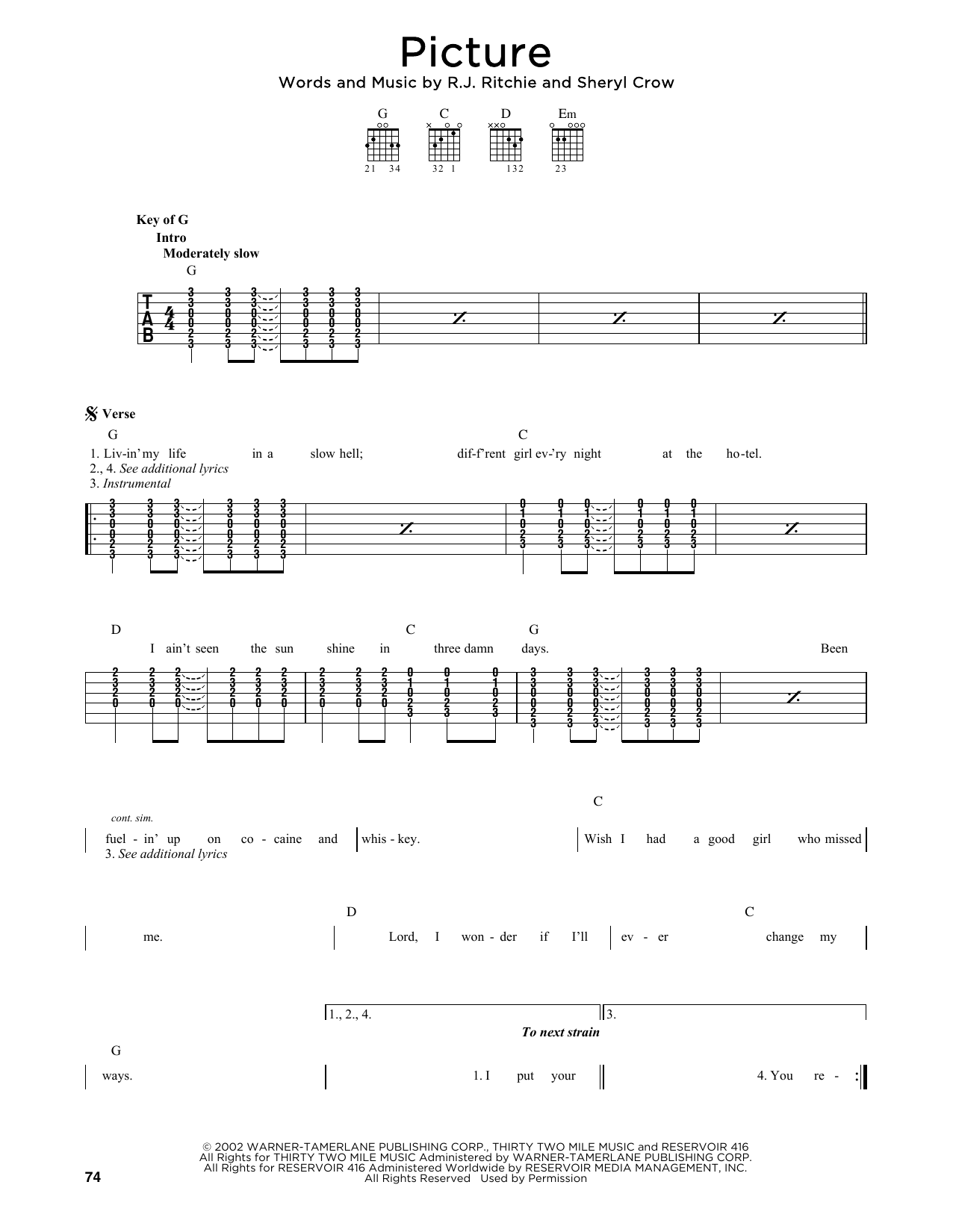 Kid Rock Picture (feat. Sheryl Crow) sheet music notes and chords arranged for Solo Guitar
