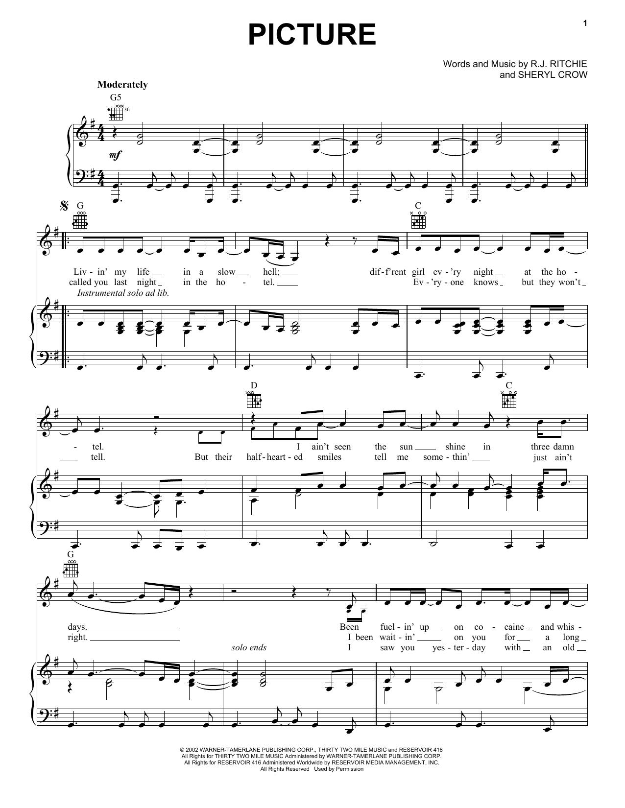 Kid Rock Picture sheet music notes and chords arranged for Piano, Vocal & Guitar Chords (Right-Hand Melody)