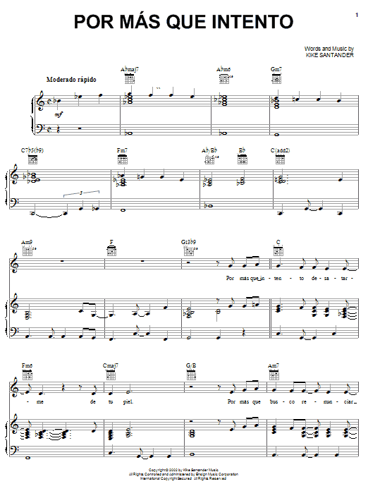 Kike Santander Por Mas Que Intento sheet music notes and chords arranged for Piano, Vocal & Guitar Chords (Right-Hand Melody)