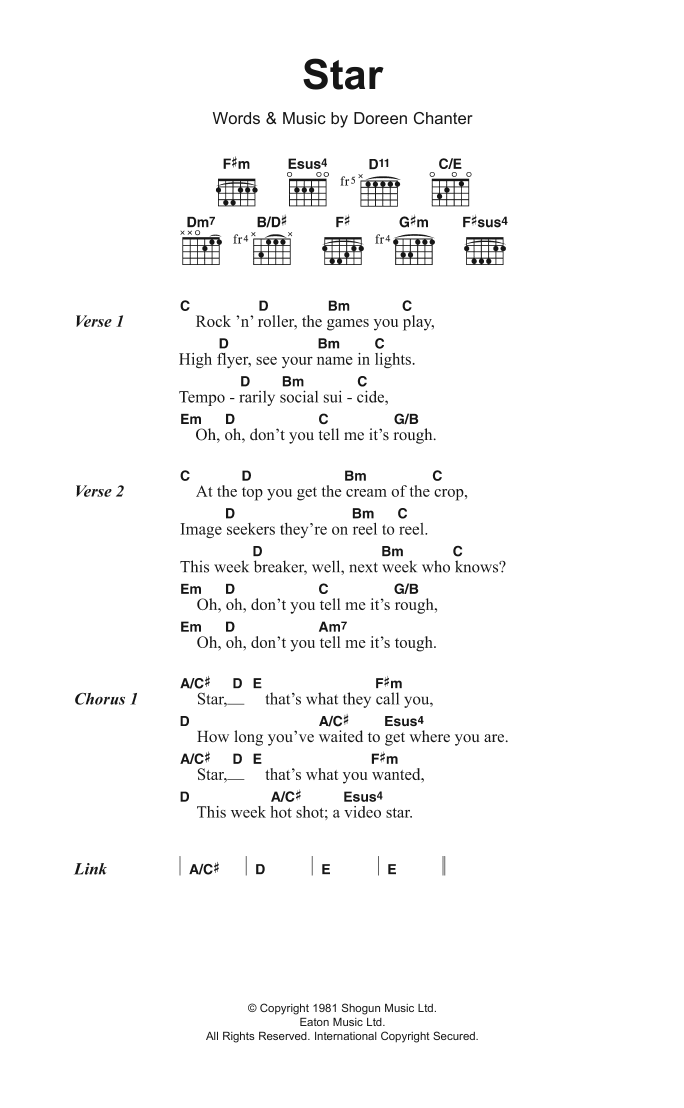 Kiki Dee Star sheet music notes and chords arranged for Guitar Chords/Lyrics