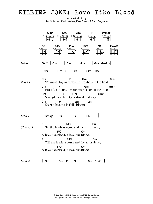 Killing Joke Love Like Blood sheet music notes and chords arranged for Guitar Chords/Lyrics